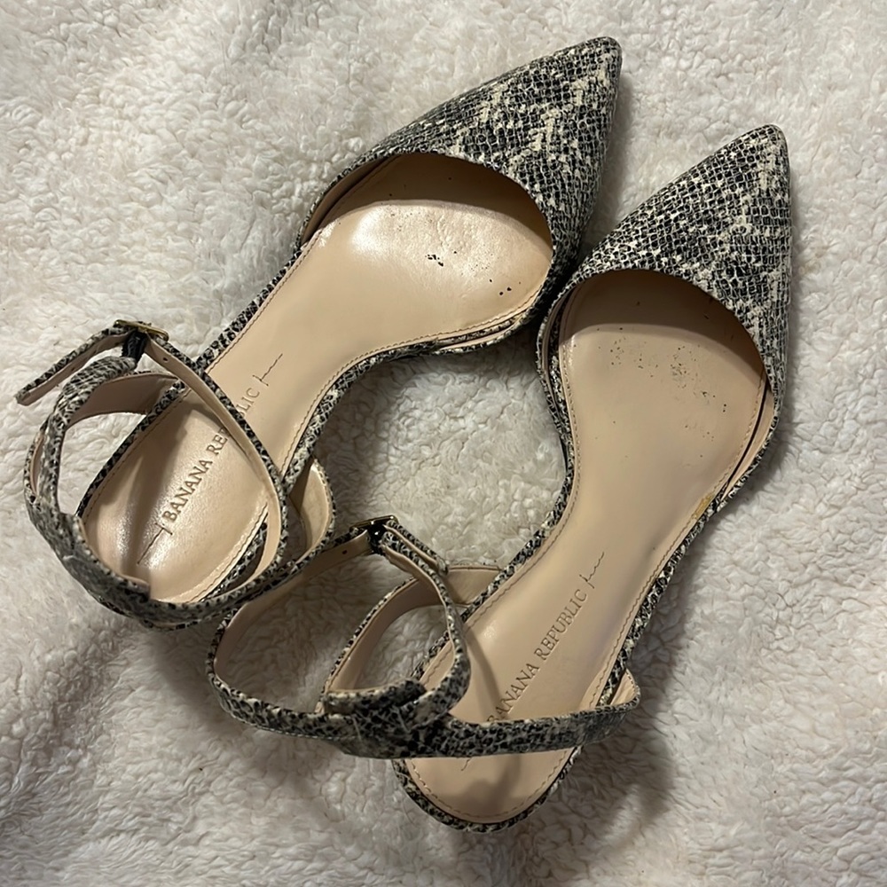 Banana Republic ankle strap heels, snake print leather
